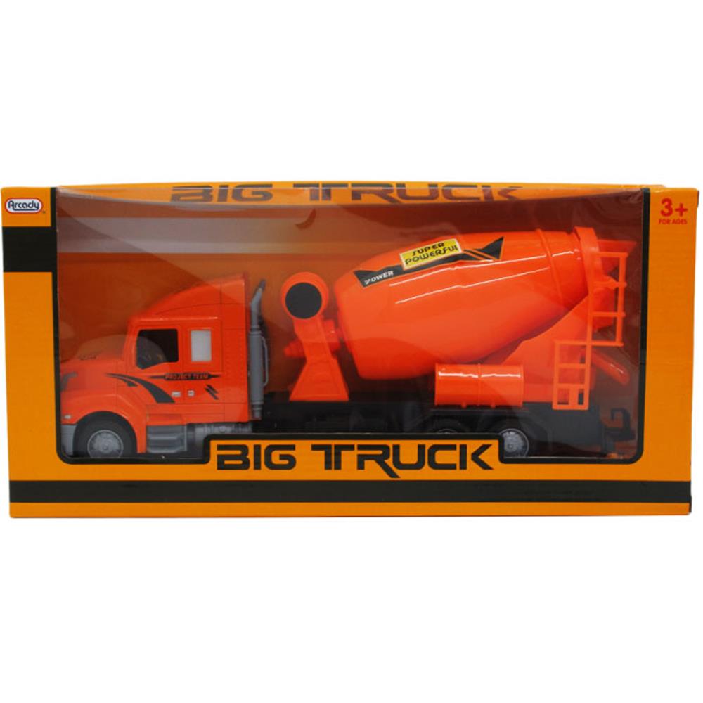 Orange construction mixer truck toy with large rotating drum in orange and black packaging labeled Big Truck.