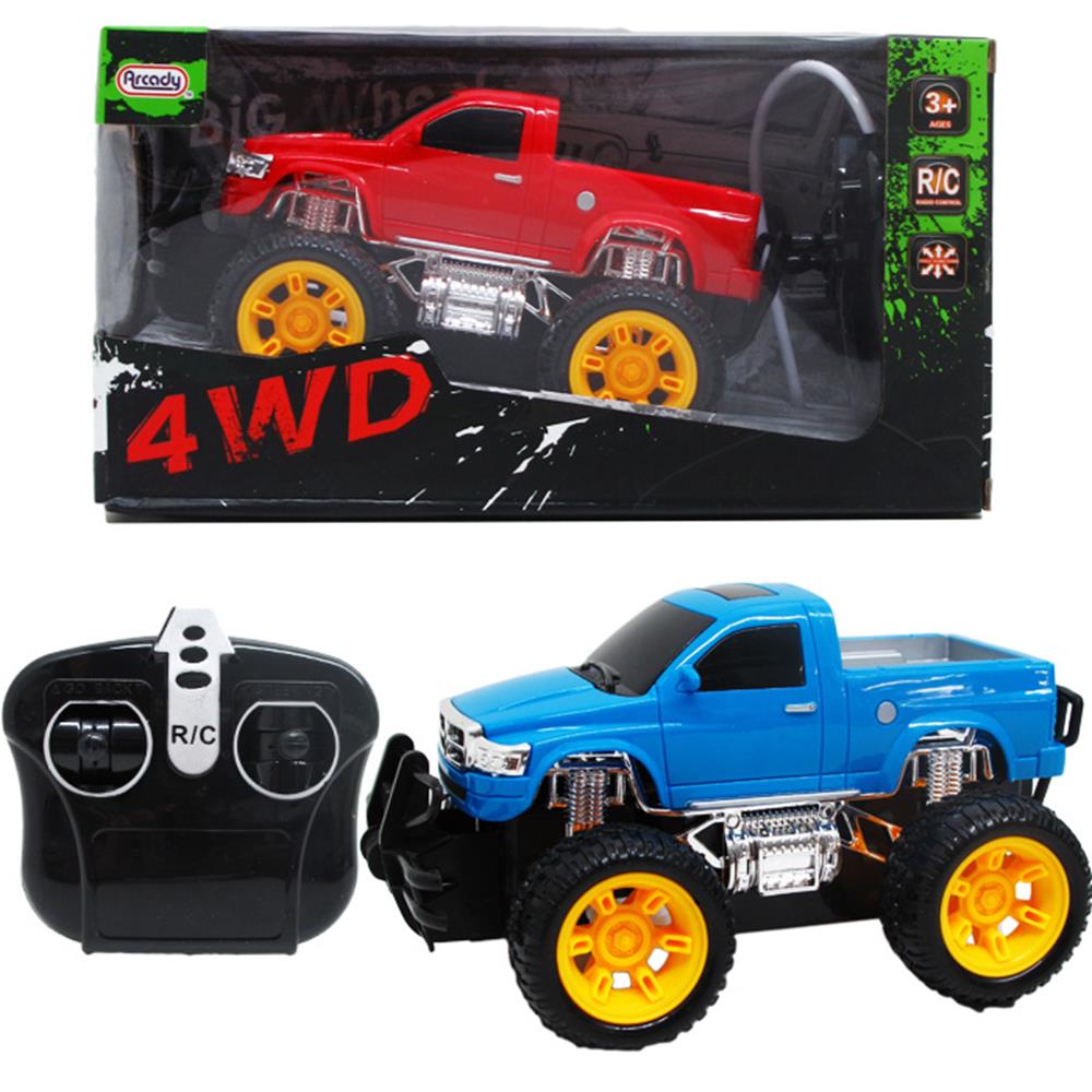 Two 7.5-inch remote control trucks, one red and one blue, with large yellow wheels and 4WD branding; includes black.