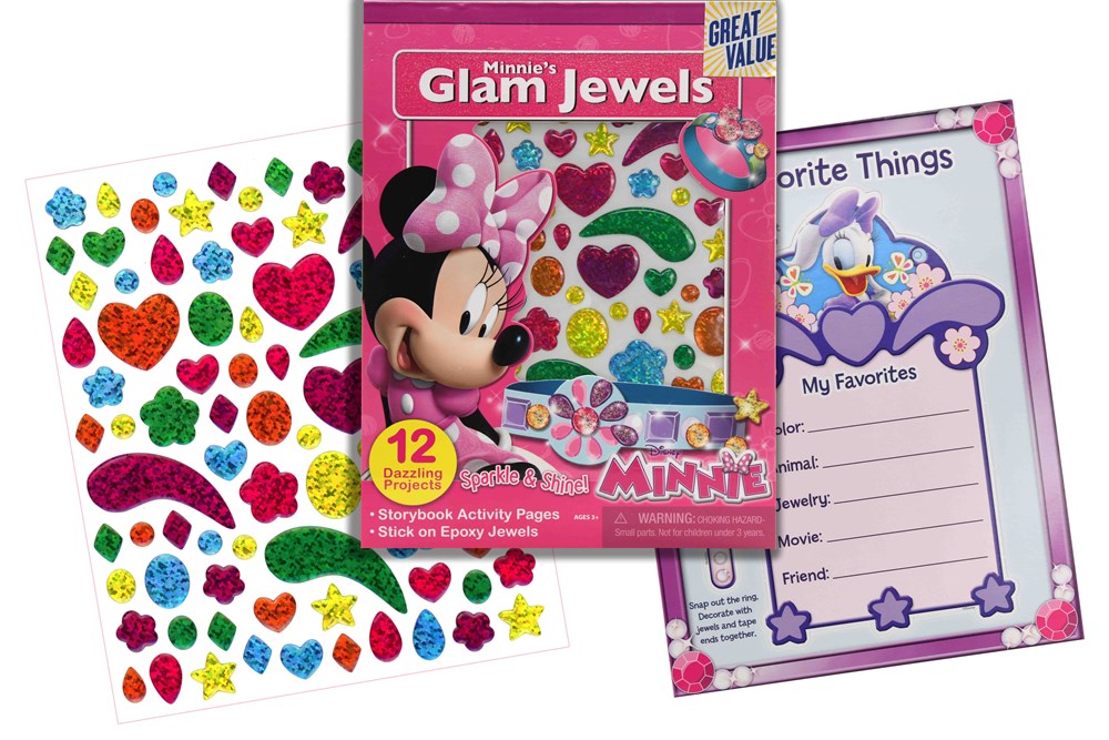 Pink and purple Minnie Mouse sticker activity book with colorful jewel stickers and a purple favorite things sheet.