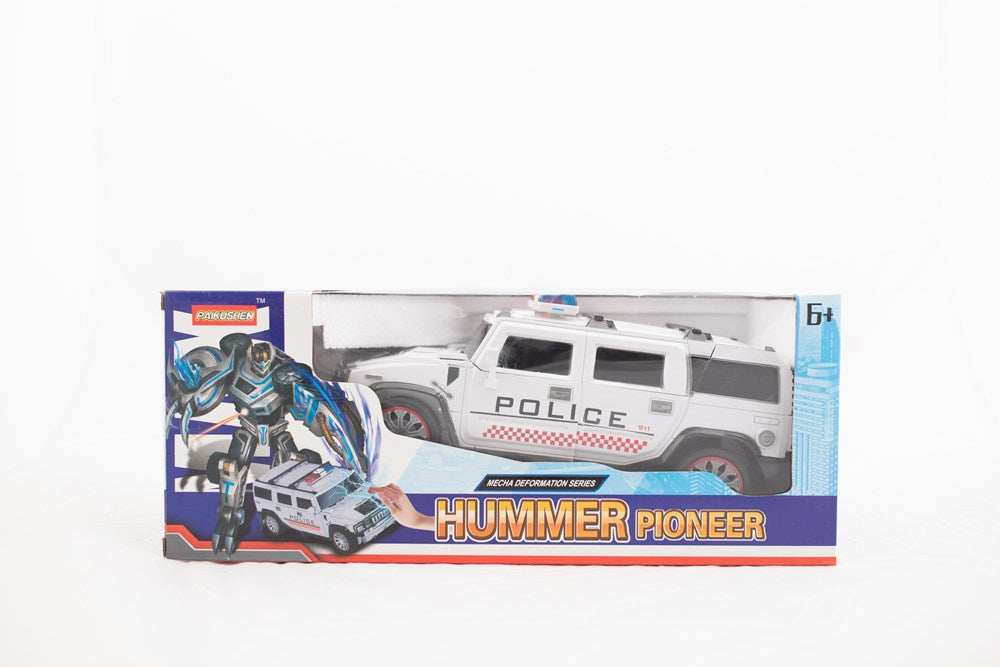 White RC police jeep with black wheels and police decals, packaged in a colorful box with robot graphics.