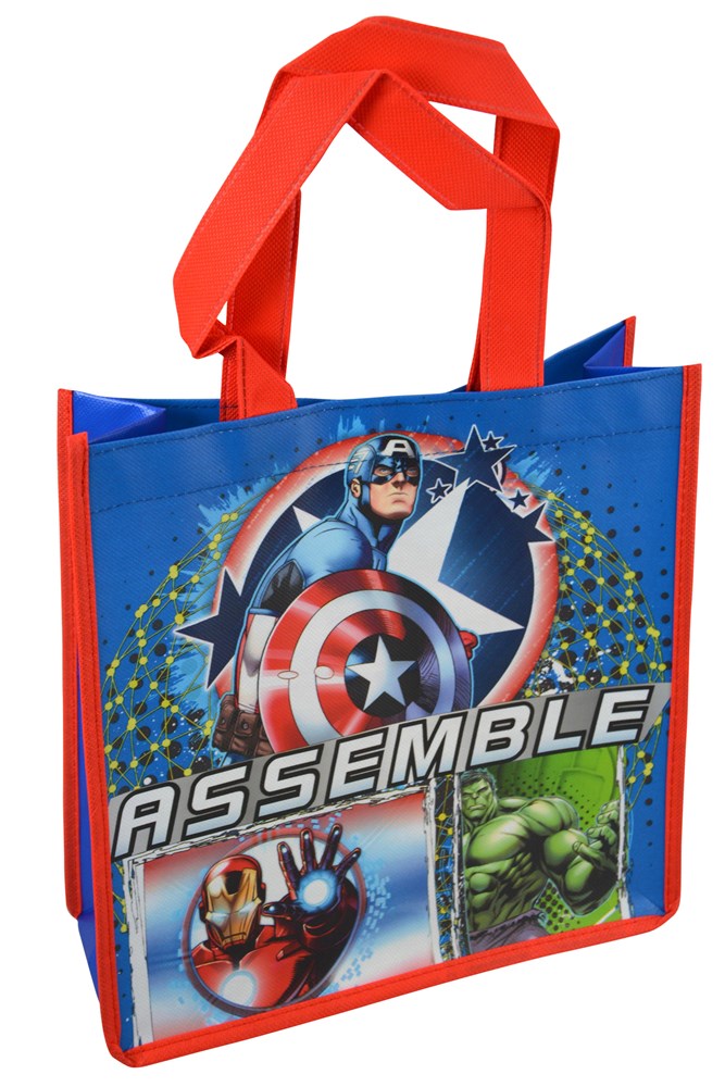 Blue non-woven tote bag with red handles featuring Avengers characters and "ASSEMBLE" text.