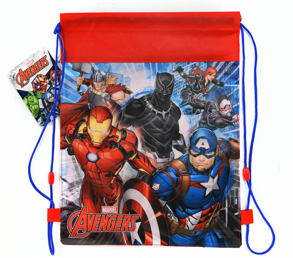 Red and blue Avengers-themed sling bag featuring Iron Man, Black Panther, and Captain America designs.
