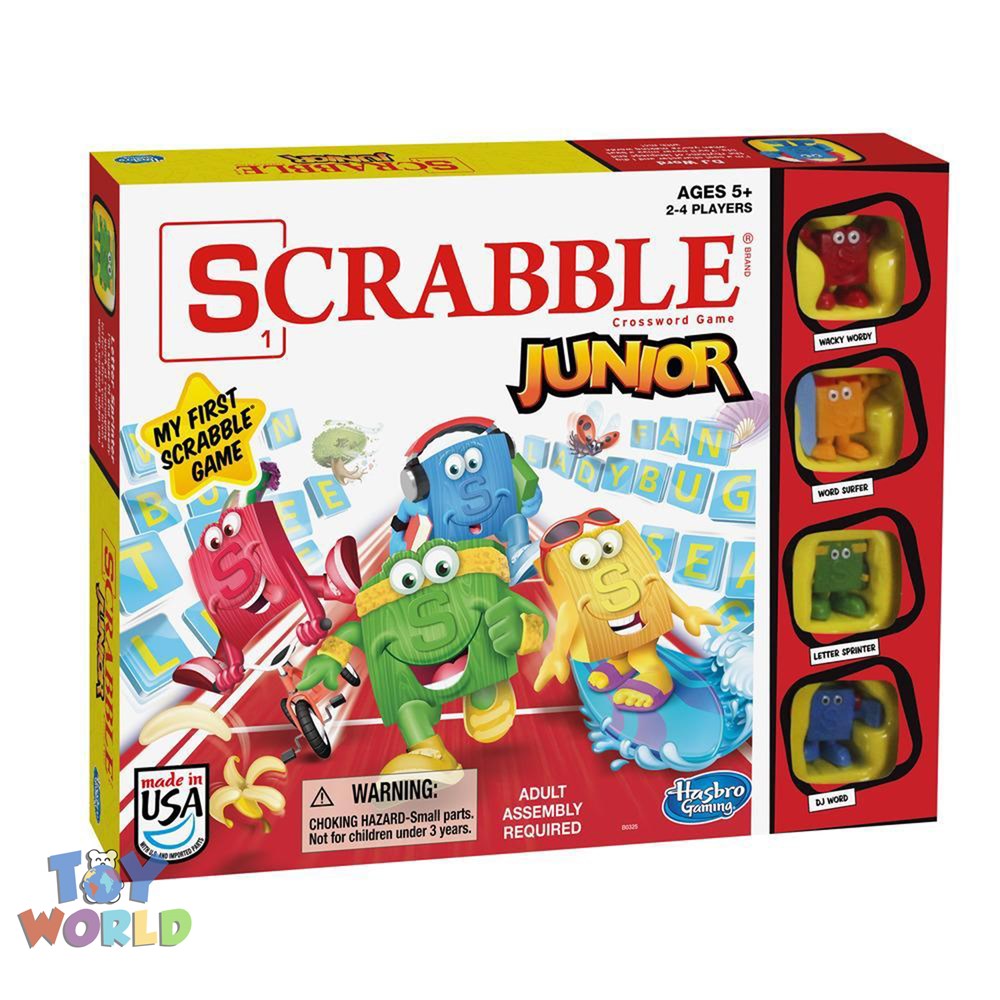 Scrabble Junior game box with colorful cartoon letter characters on white background, red and yellow border.