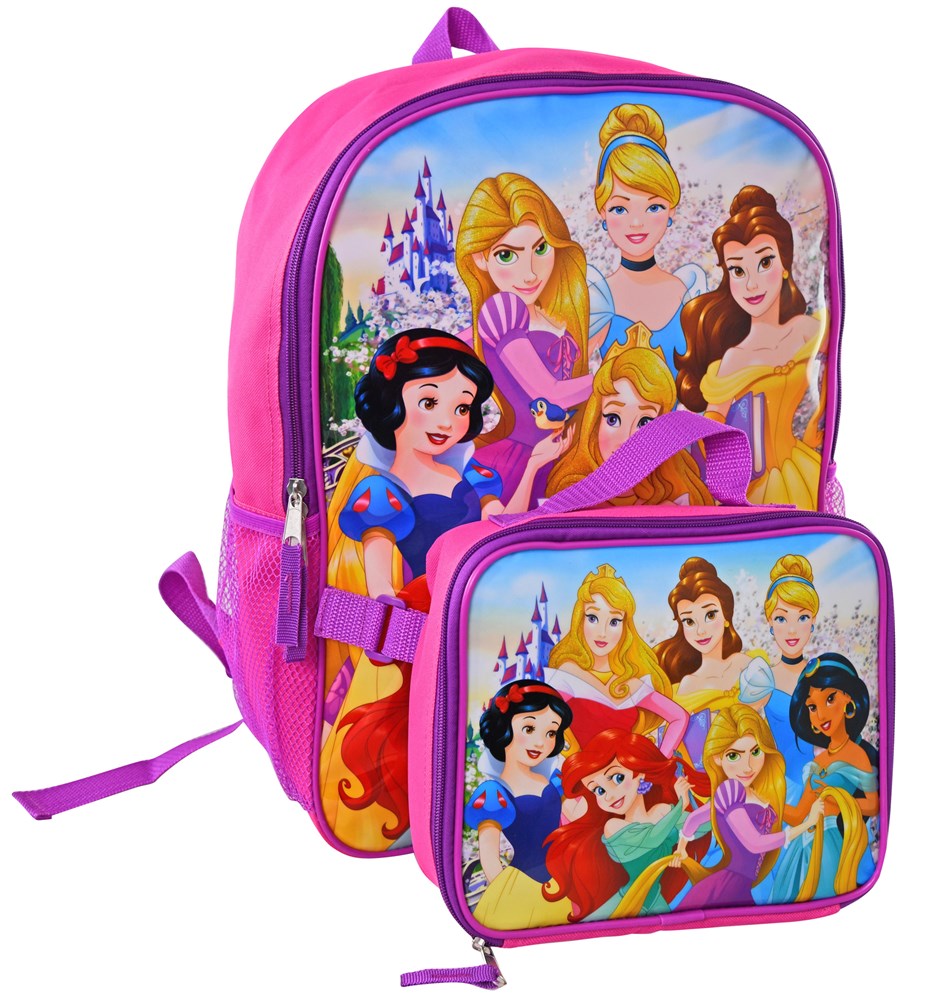 Pink backpack and matching lunch bag featuring colorful illustrations of Disney princesses and a castle background.