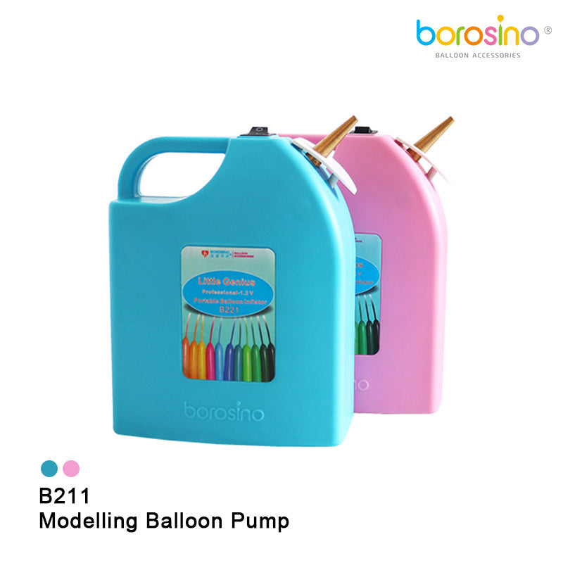 Blue plastic modeling balloon pump with a handle and two brass nozzles, rectangular shape.