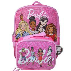Pink Barbie backpack and matching lunch bag featuring colorful illustrations of diverse Barbie dolls on both items.