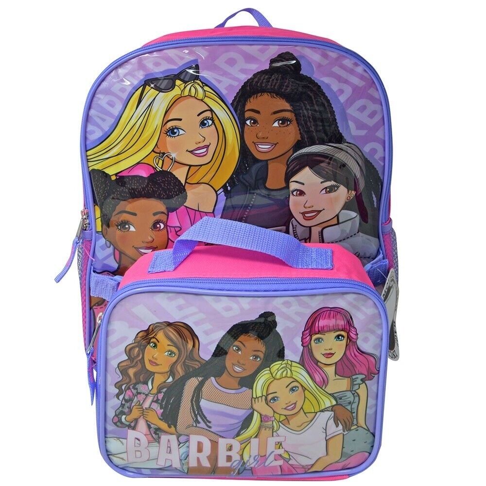 Purple and pink Barbie backpack and matching lunch bag with colorful cartoon girl characters.