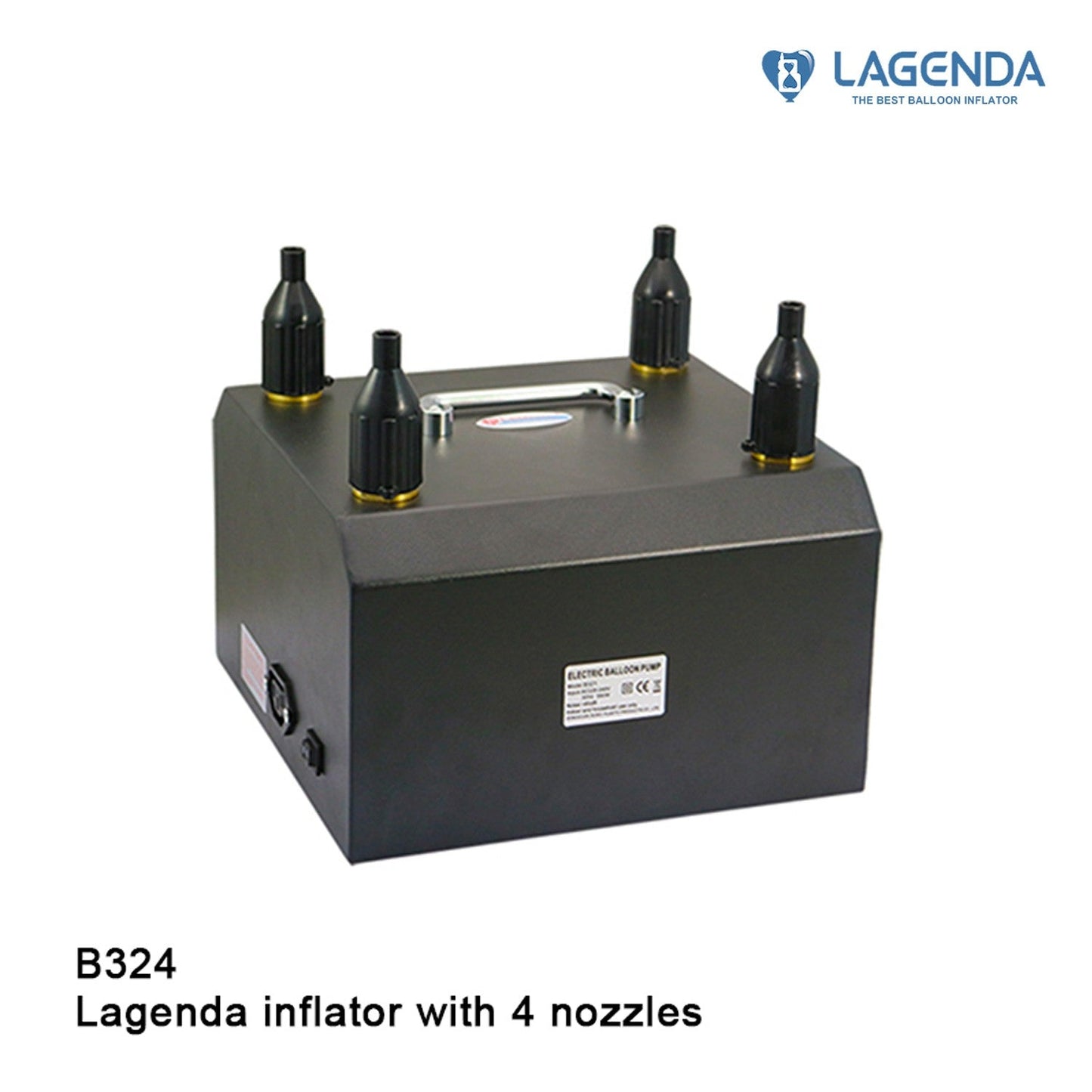 Black rectangular electric inflator with four black nozzle attachments on top and a central silver handle.