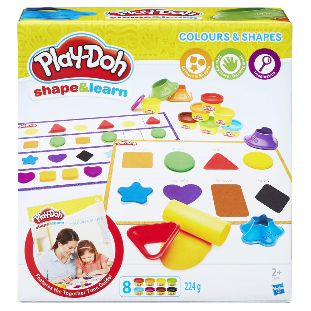 Play-Doh Colors and Shapes set with colorful molds, yellow roller, and four Play-Doh tubs in red, green, yellow, and purple.