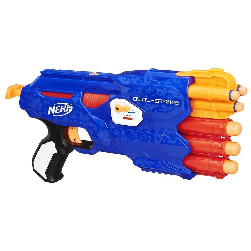 Blue and orange Nerf NStrike Dual Strike dart blaster with black grip and two rotating barrels.