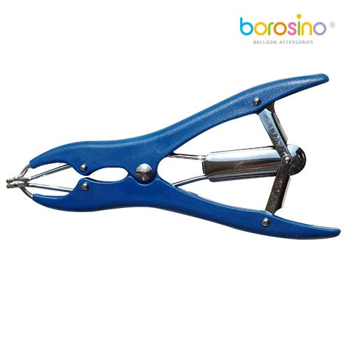 Blue metal plier-style tool with curved handles and a central cylindrical chamber for confetti insertion.