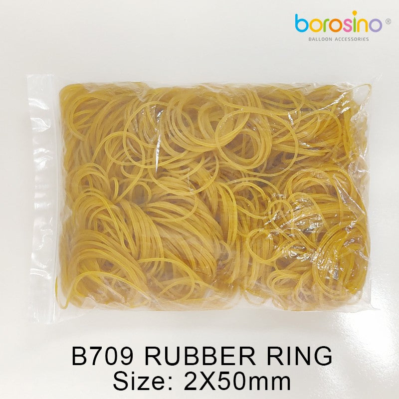 Clear plastic bag filled with numerous thin yellow rubber bands measuring 2mm by 50mm.