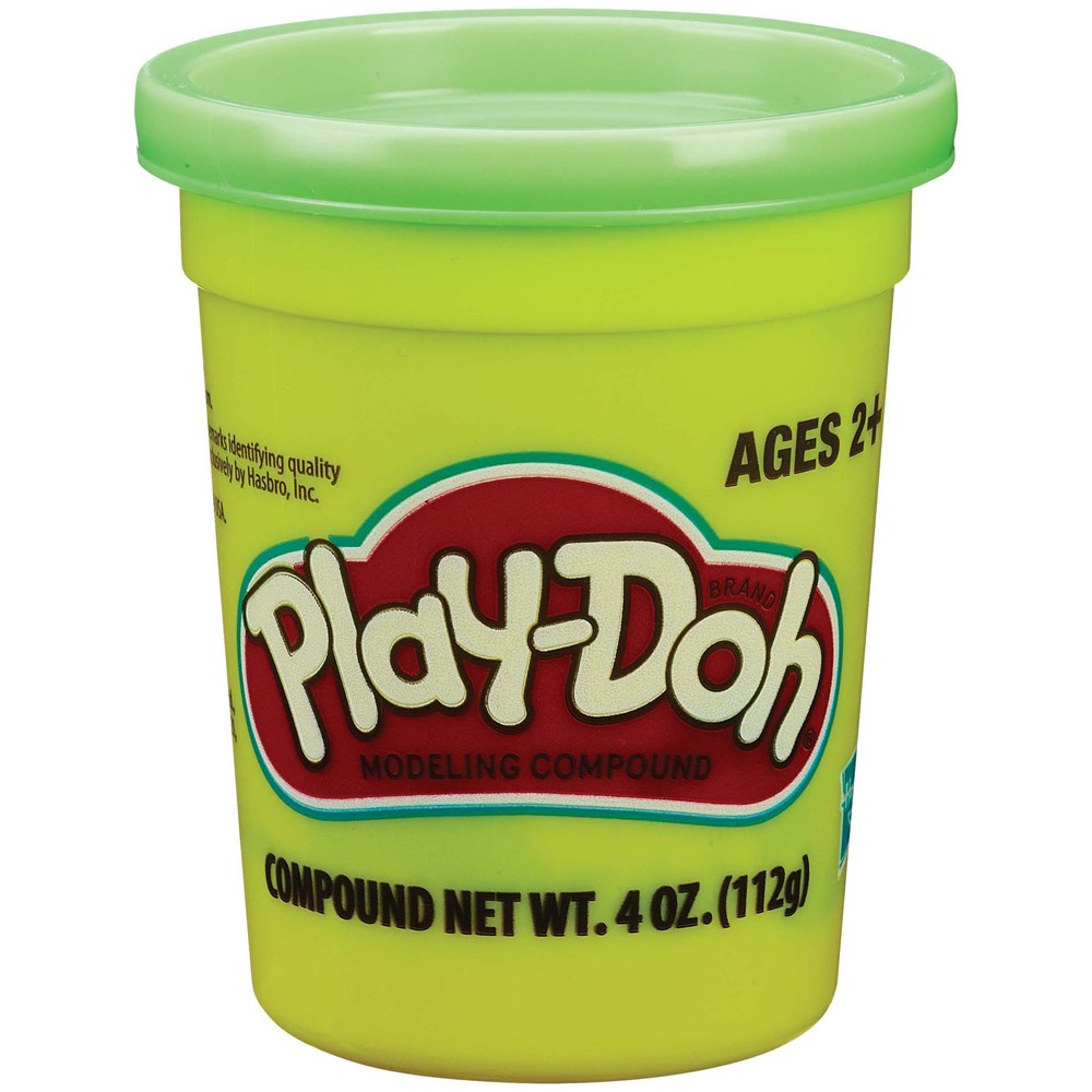 Bright neon green Play-Doh modeling compound in a yellow container with a green lid, 4 oz. size.