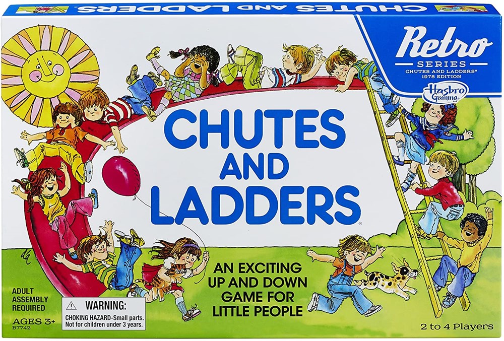 Colorful vintage-style board game box for Chutes and Ladders featuring playful cartoon children climbing ladders and sliding