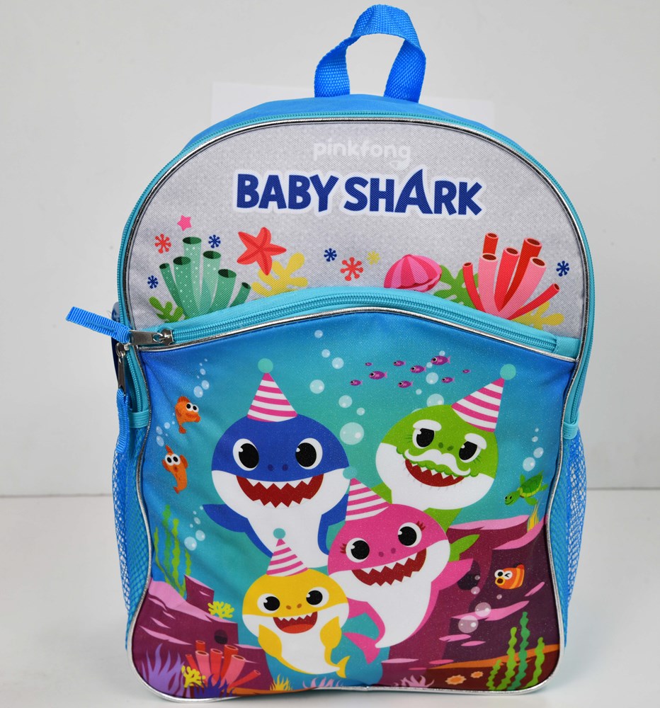 Blue 16-inch backpack with colorful Baby Shark characters, one front pocket, and ocean-themed design.