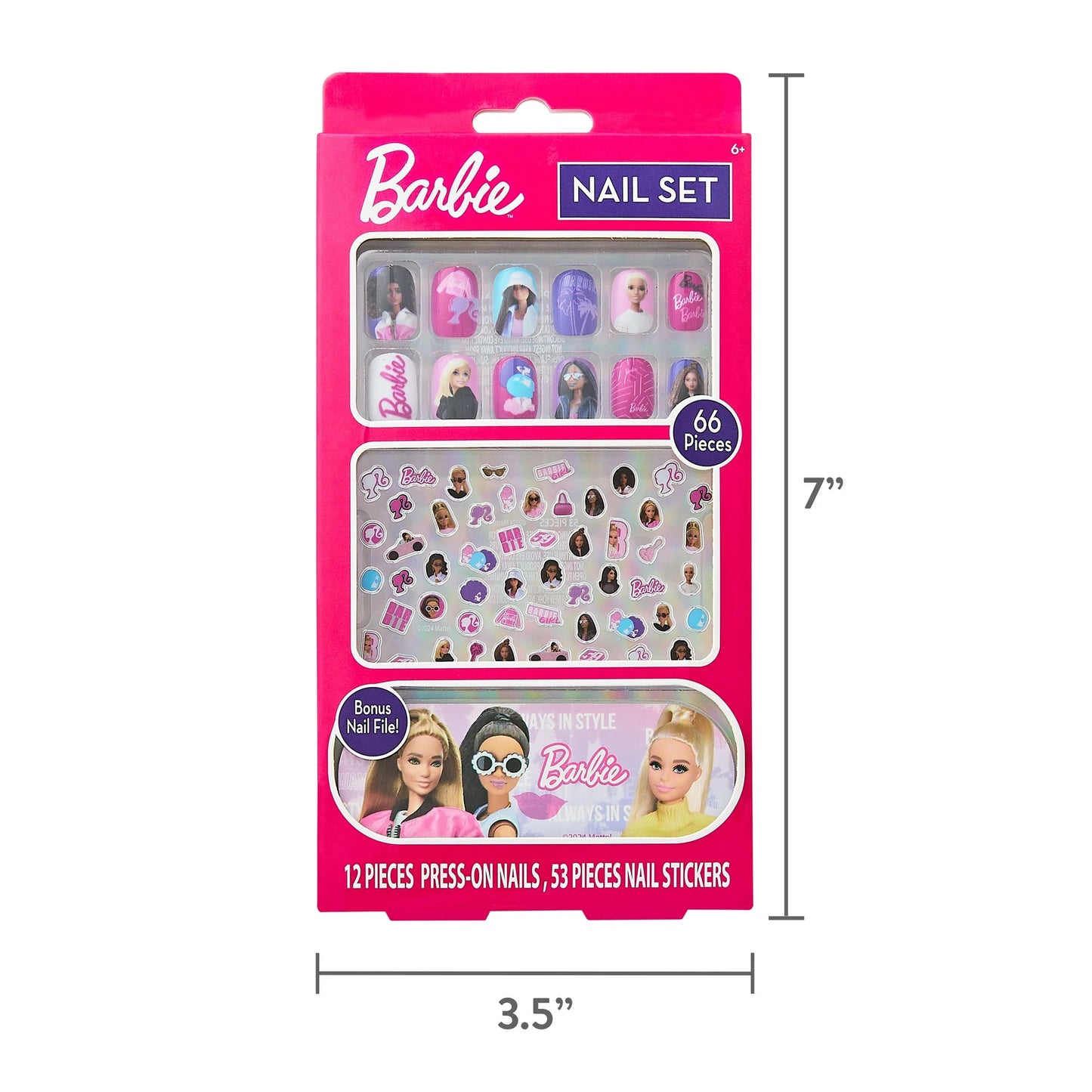 Barbie nail set with 12 colorful press-on nails and 53 themed nail stickers in pink packaging.