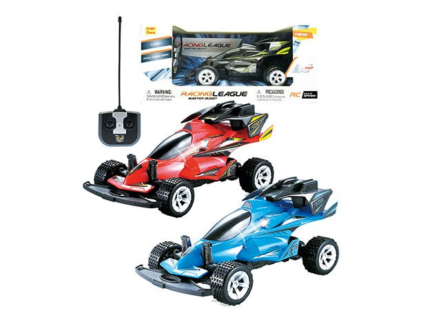 Two 10-inch RC buggy cars, one red and one blue, with aerodynamic shapes, large rear spoilers, black wheels, and a black.
