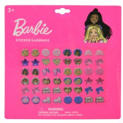 Set of 24 Barbie-themed sticker earrings on pink blister card, featuring stars, hearts, animals, and character faces in.