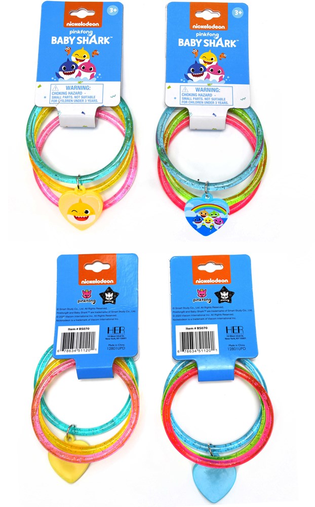 Set of three colorful glitter bangles with Baby Shark plastic charm on blue header card.