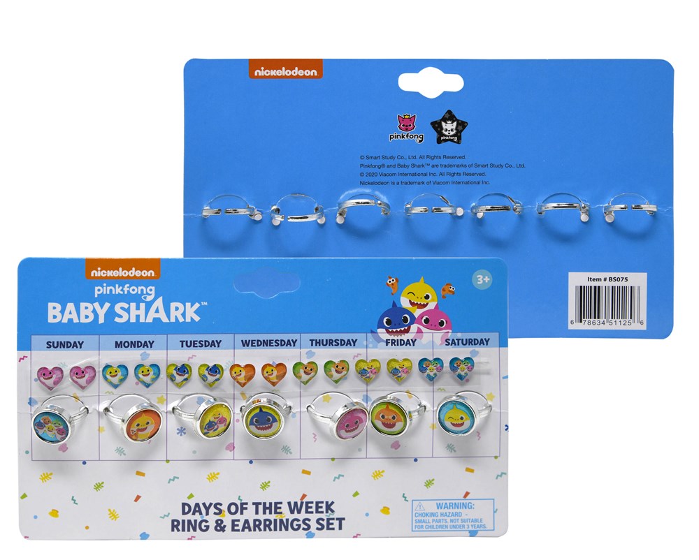 Colorful plastic rings and earrings featuring Baby Shark characters and labeled with days of the week on blue and white card