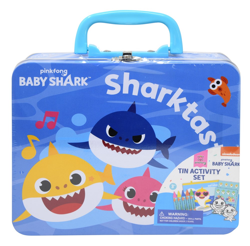Blue rectangular metal tin with Baby Shark characters and a blue plastic handle, labeled "Sharktasia".