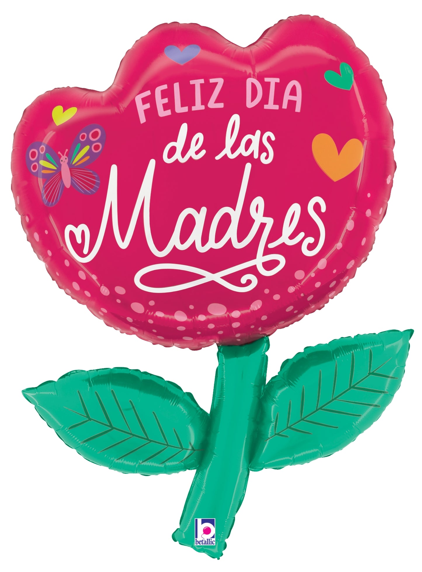 Pink tulip-shaped foil balloon with "Feliz Día de las Madres" text, decorated with hearts and butterfly, green foil stem and