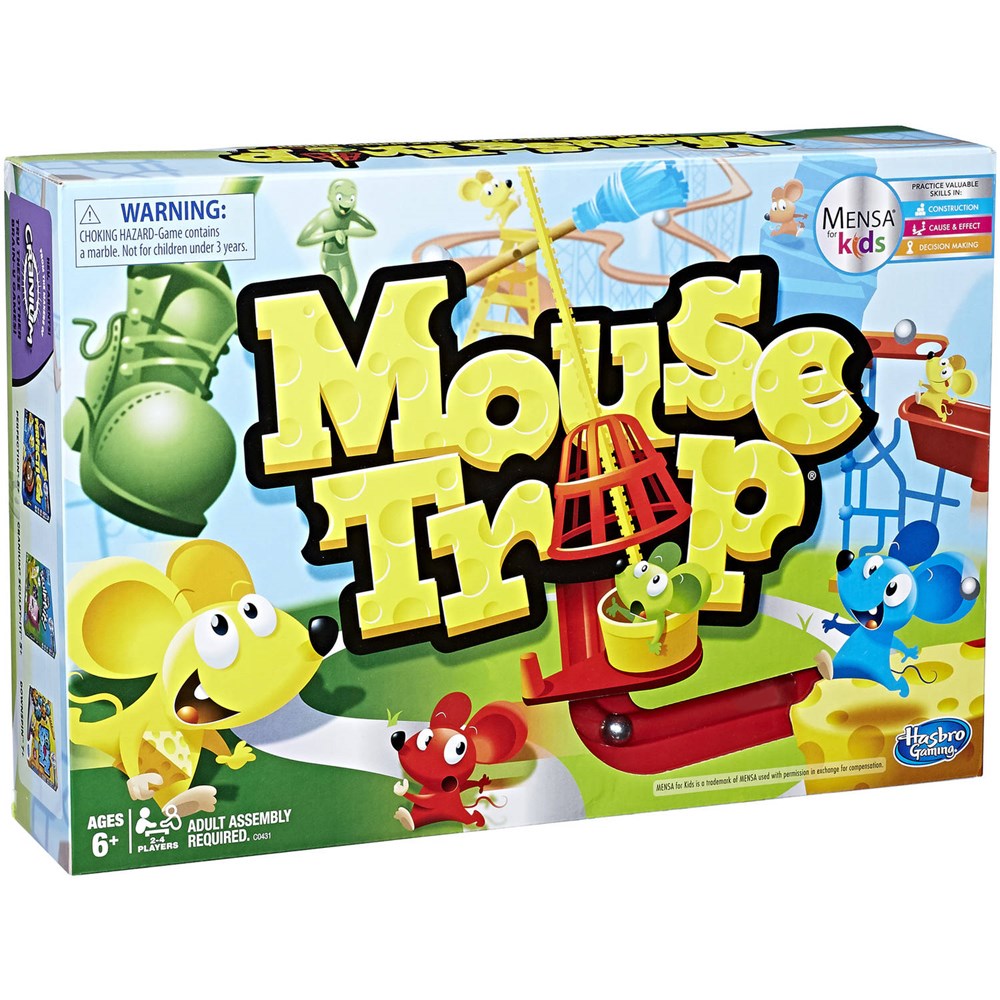 Colorful Classic Mousetrap game box featuring cartoon mice and a red trap mechanism on a green grid background.