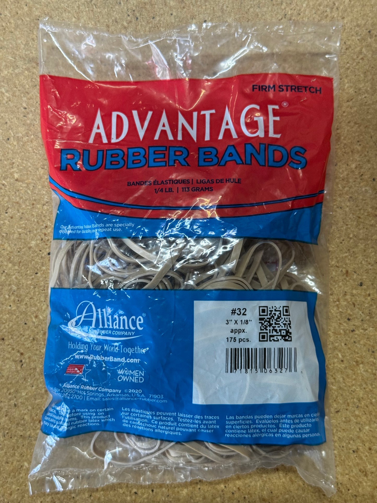 Clear plastic bag of natural tan rubber bands labeled "Advantage Rubber Bands," size 3 inches, 175 count.