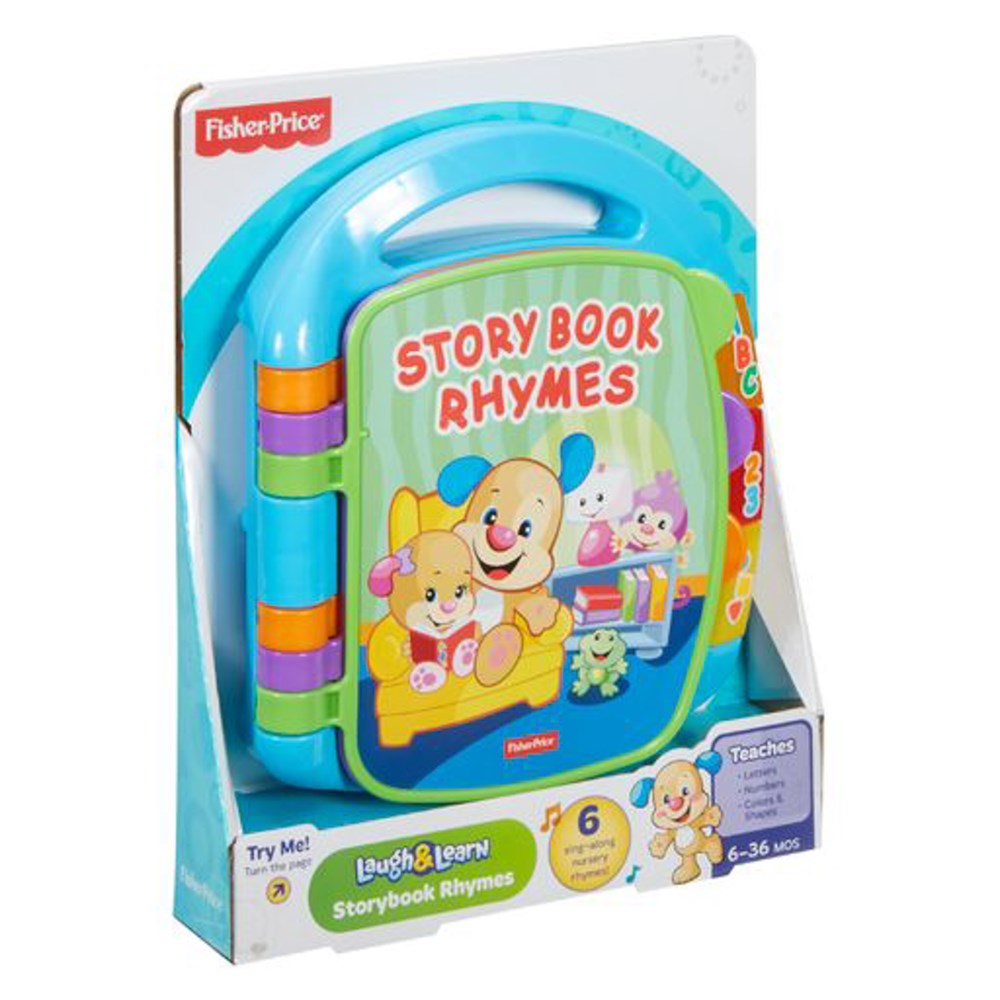 Colorful plastic baby book toy with handle, featuring cartoon animals and interactive buttons on the side.
