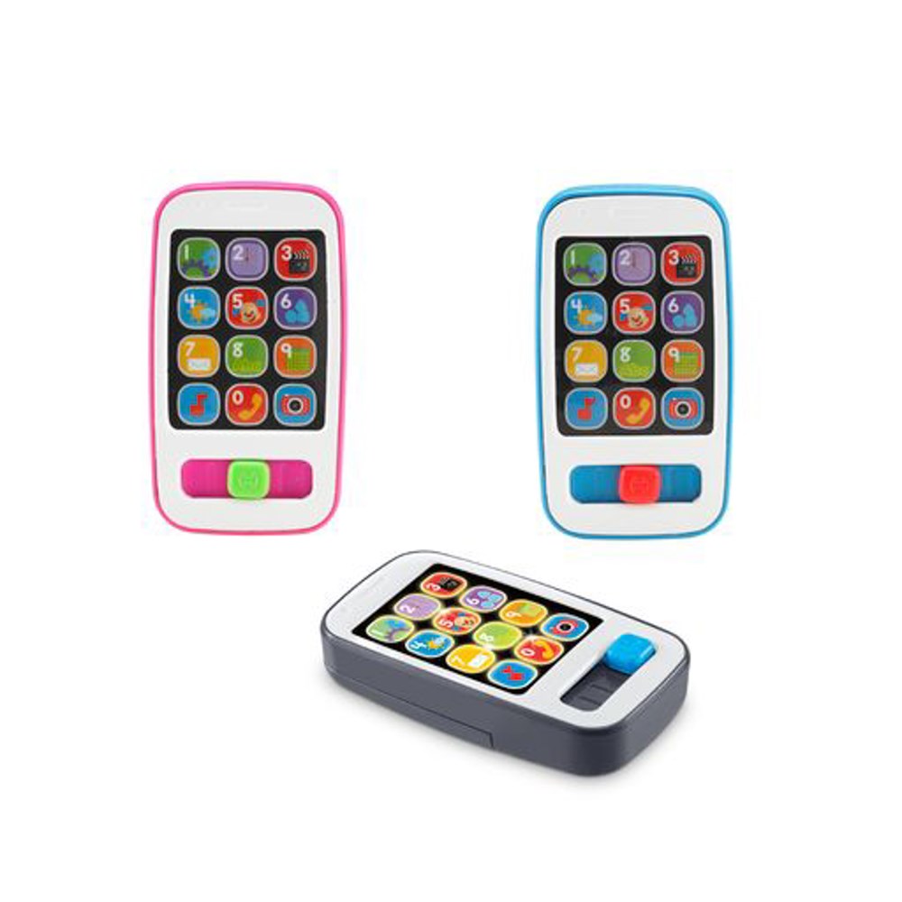 Three Fisher Price toy smartphones in pink, blue, and gray with colorful app icons on the screen and a single button below.