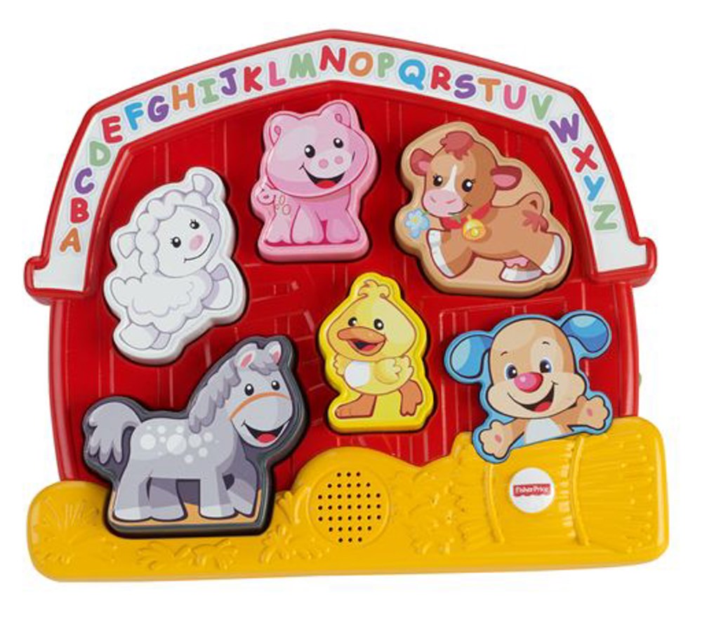Red plastic learning puzzle with six colorful animal-shaped pieces and alphabet letters on top.