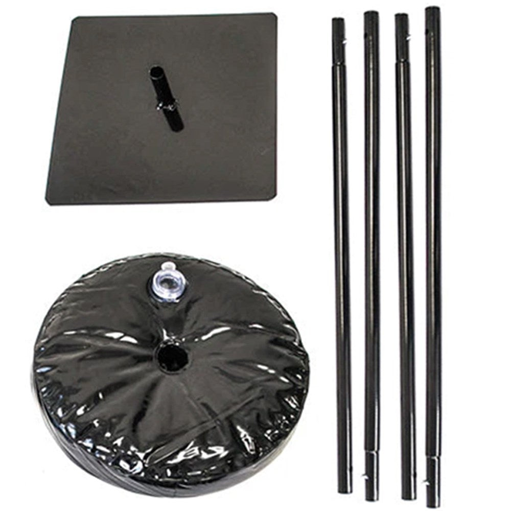 Black square base plate, inflated round black weight bag, and four black rod segments for balloon column kit.