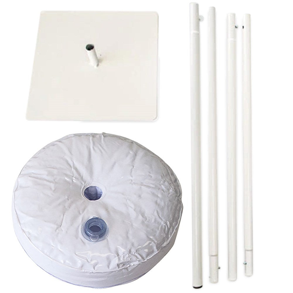 Black weighted balloon base with white connectors and four white balloon column poles.