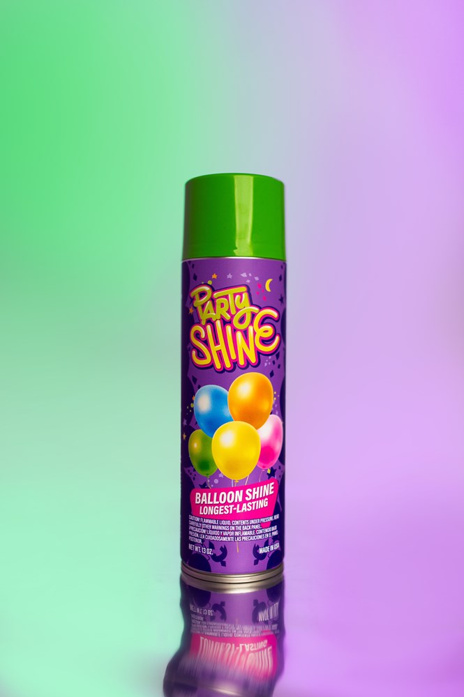 Purple Party Shine balloon shine spray can with colorful balloons and green cap.