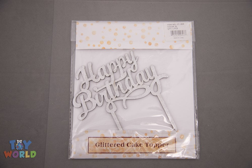 Silver glittered "Happy Birthday" cake topper with elegant cursive font and two prongs for insertion.