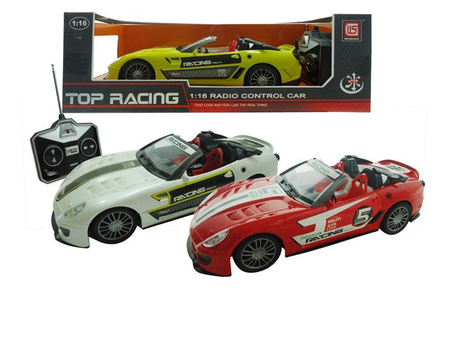 Two sleek remote control sports cars, one white and one red, with detailed racing decals and black controllers visible,.