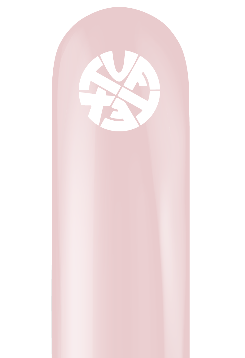 Light pink elongated latex balloon with white Tuftex logo near the top.