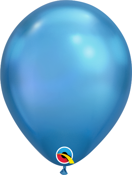 Shiny chrome blue latex balloon with smooth surface and 11-inch round shape.