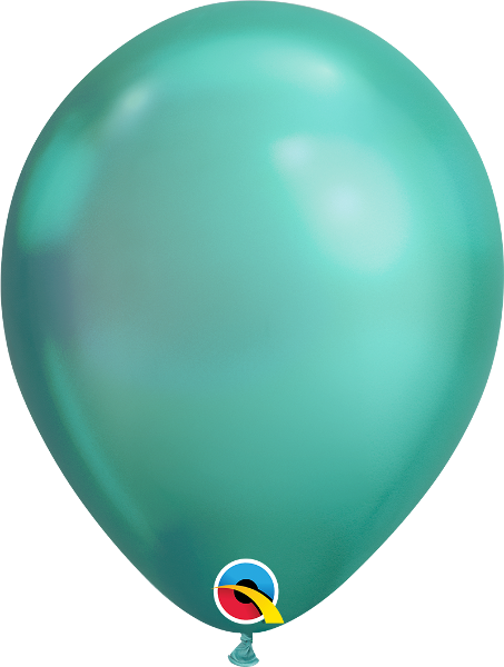 Shiny chrome green latex balloon, 11 inches, smooth surface with reflective finish.