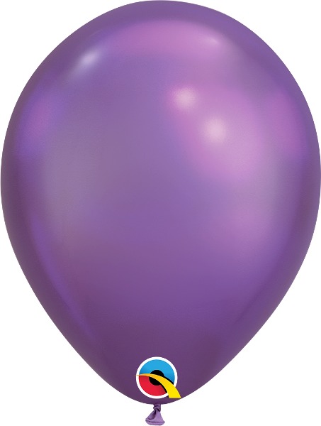 Shiny 11-inch round latex balloon in chrome purple with glossy finish and Qualatex logo tag.