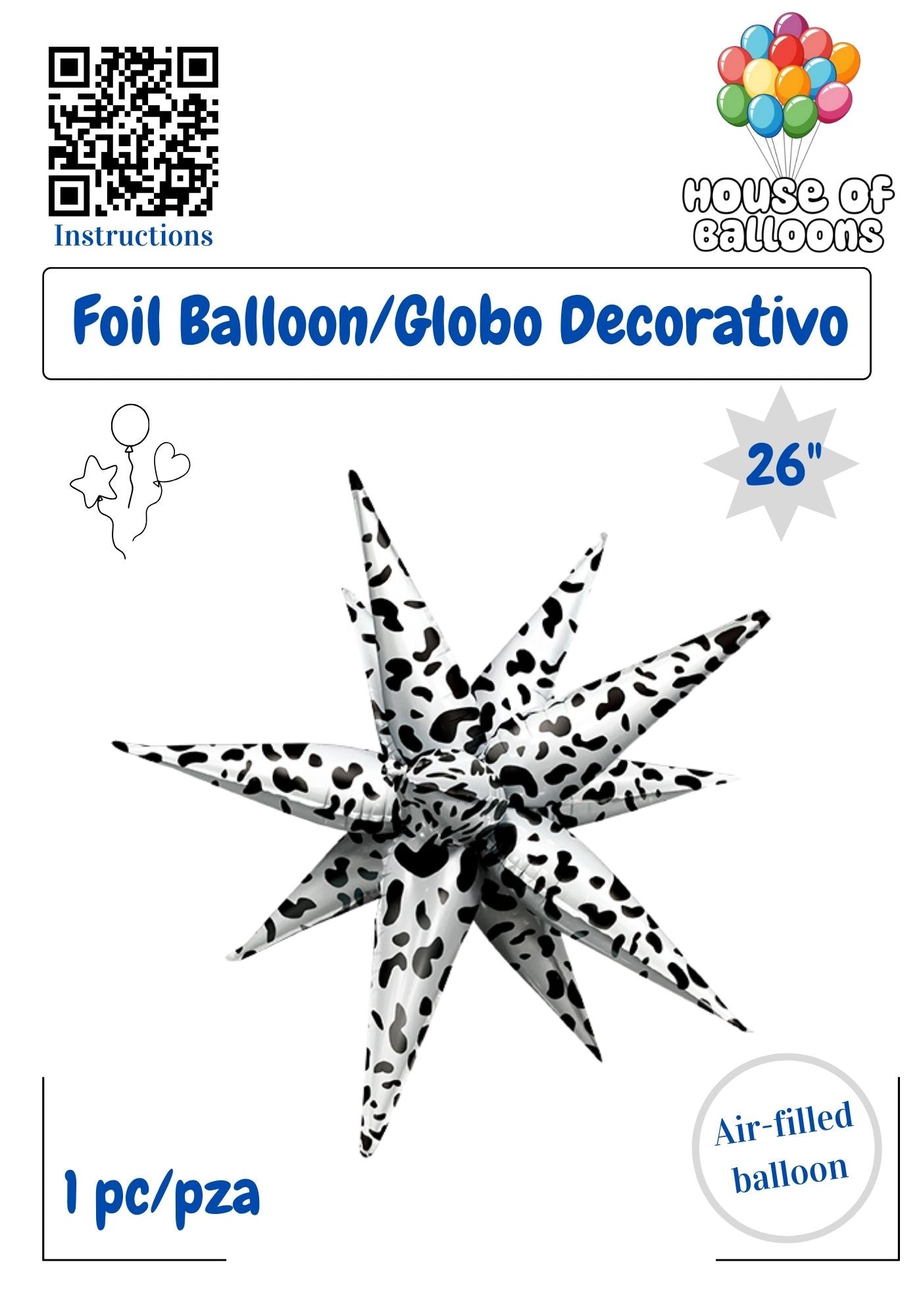 House of Balloons Star Burst Dreamy Cow Print 26 inch Foil Balloon 1ct