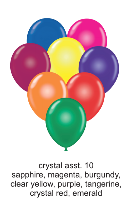 Seventeen-inch assorted latex balloons in sapphire, magenta, burgundy, yellow, purple, orange, red, and emerald colors.
