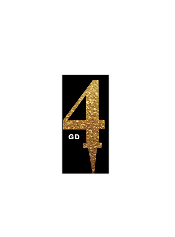 Gold mirror acrylic cake topper shaped as the number 4 with a pointed stake for inserting into a cake.