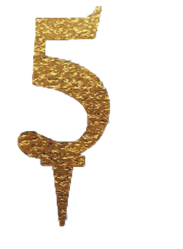 Gold mirror acrylic cake topper shaped as the number 5 with a pointed stake for inserting into cakes.