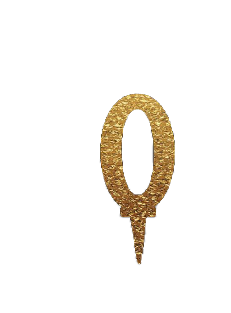 Gold mirror acrylic cake topper in the shape of the number zero with pointed stake.