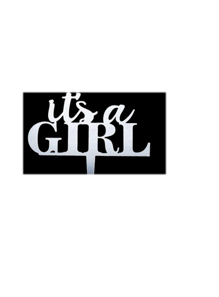 Silver mirror acrylic cake topper spelling "It's a GIRL" in mixed uppercase and cursive letters.