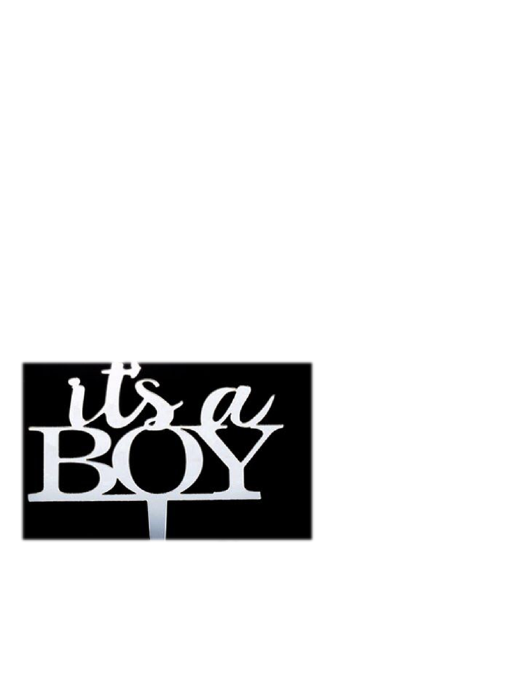 Silver mirror acrylic cake topper with "it's a BOY" in mixed cursive and bold uppercase letters.