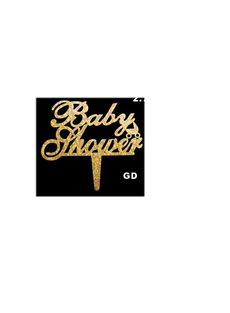 Gold acrylic cake topper with cursive "Baby Shower" text and single stick for insertion.