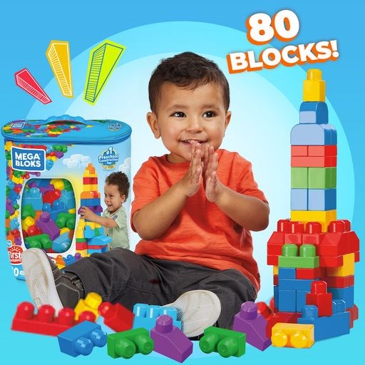 Colorful plastic building blocks in various shapes and sizes with toddler playing and block tower displayed alongside.