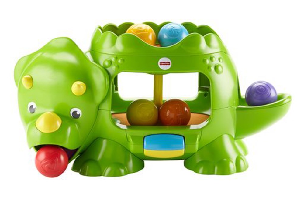 Green plastic dinosaur toy with colorful balls that pop through its back and tail, designed for toddlers.
